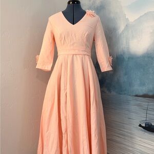 V-Neck Blush Pink Midi Fit-and-Flare Dress with Floral Accents #133